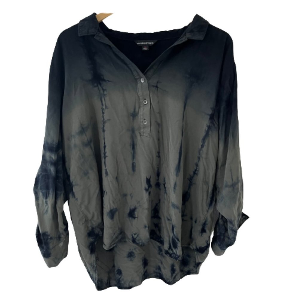Rock & Republic Black Green Tie Dye Grunge Quarter Button Roll Tab Sleeve Top XL